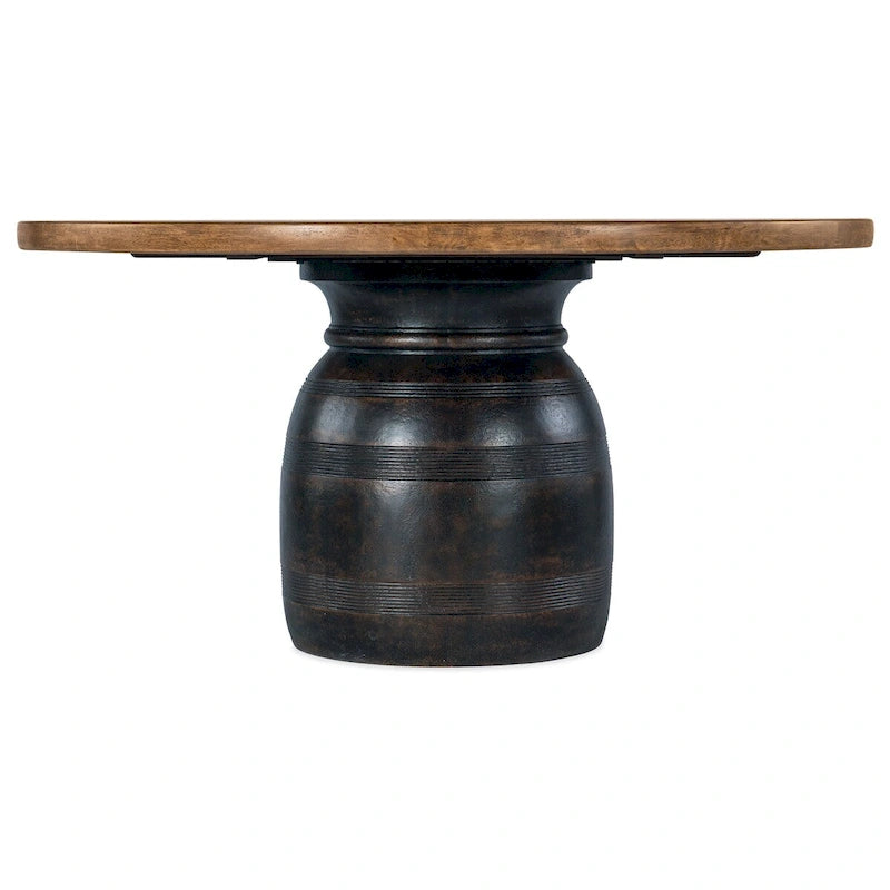 Table à manger ronde sur pied en placage de hickory rustique, base noire carbonisée, marron