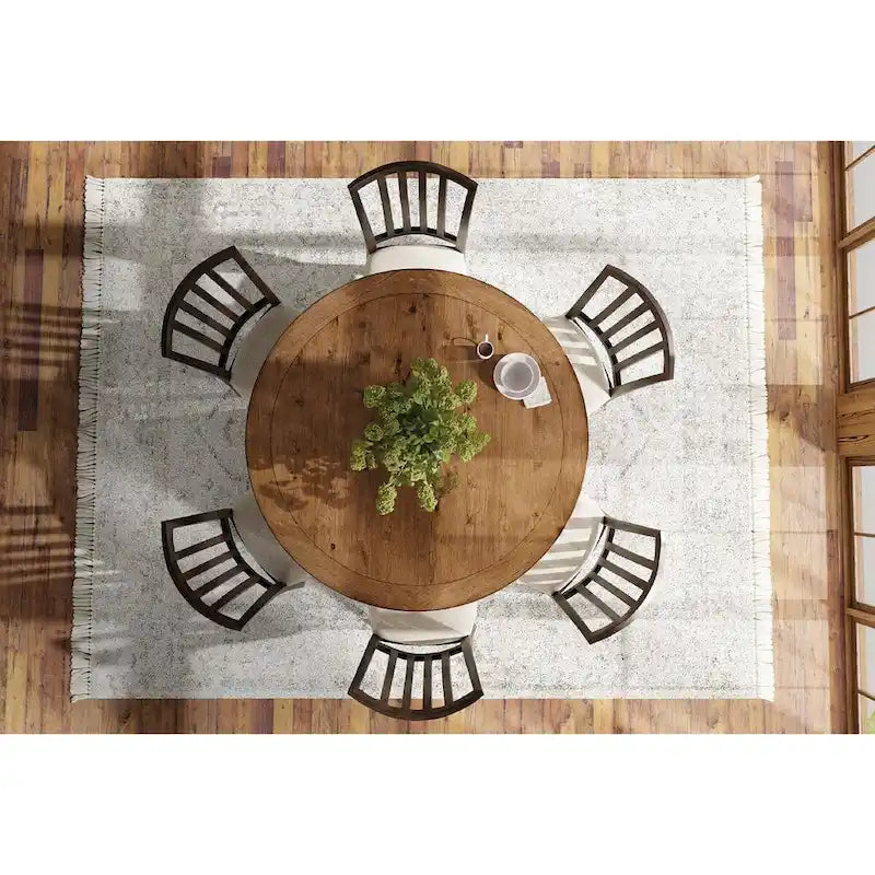 Table à manger ronde sur pied en placage de hickory rustique, base noire carbonisée, marron