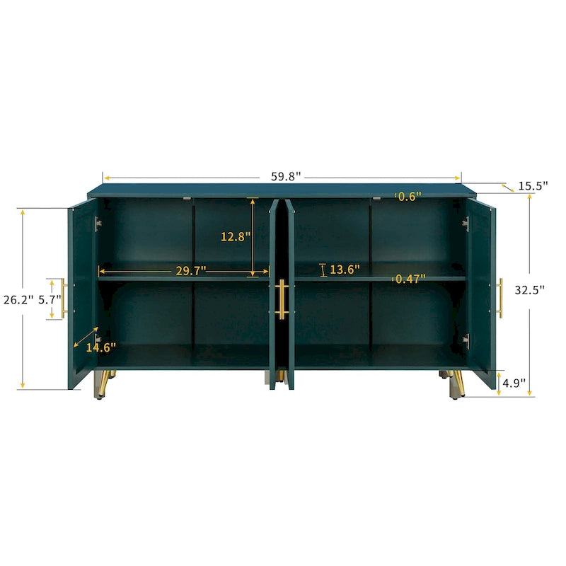 Buffet vintage sarcelle avec pieds et portes dorés