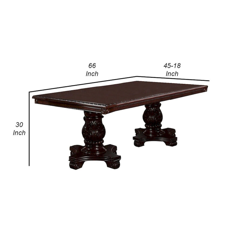 Table à manger rectangulaire extensible, piédestal double, détails sculptés, chêne cerisier marron