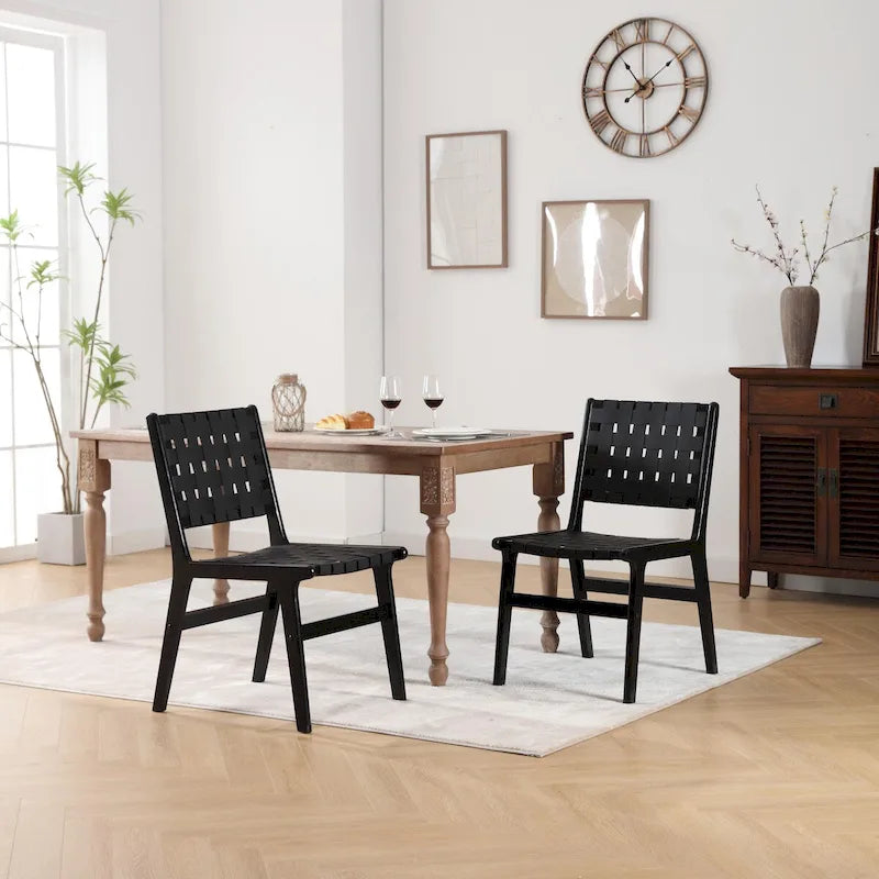 Chaise de salle à manger en cuir tressé avec cadre en bois massif, noir et marron