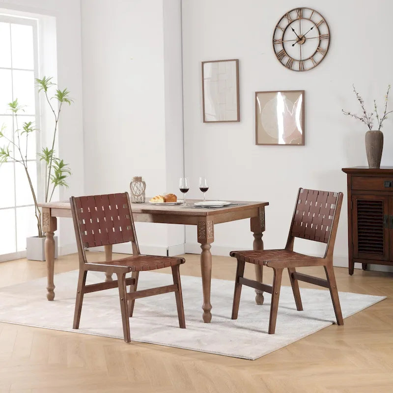 Chaise de salle à manger en cuir tressé avec cadre en bois massif, noir et marron