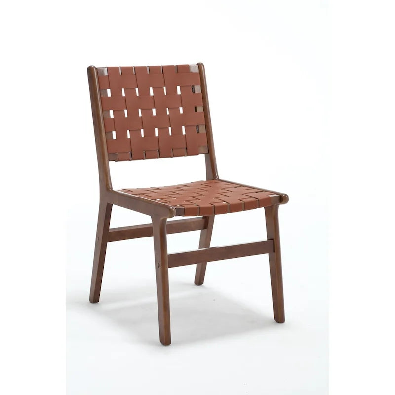 Chaise de salle à manger en cuir tressé avec cadre en bois massif, noir et marron