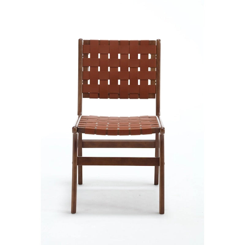Chaise de salle à manger en cuir tressé avec cadre en bois massif, noir et marron