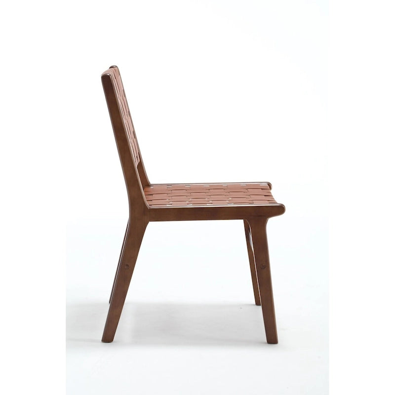 Chaise de salle à manger en cuir tressé avec cadre en bois massif, noir et marron