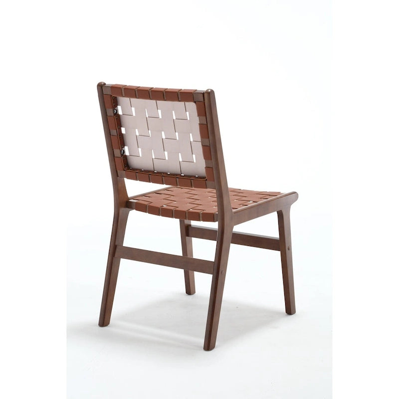 Chaise de salle à manger en cuir tressé avec cadre en bois massif, noir et marron