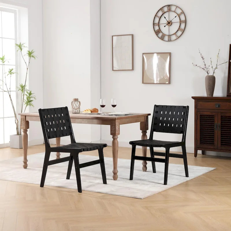 Chaise de salle à manger en cuir tressé avec cadre en bois massif, noir et marron