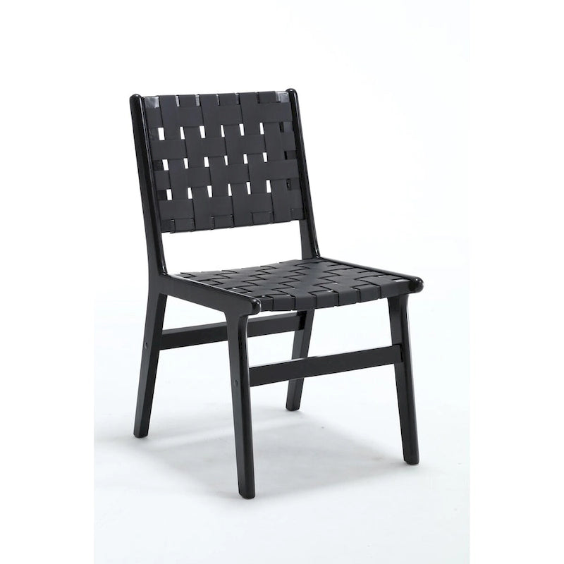 Chaise de salle à manger en cuir tressé avec cadre en bois massif, noir et marron