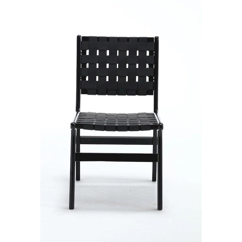 Chaise de salle à manger en cuir tressé avec cadre en bois massif, noir et marron