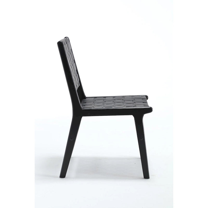 Chaise de salle à manger en cuir tressé avec cadre en bois massif, noir et marron