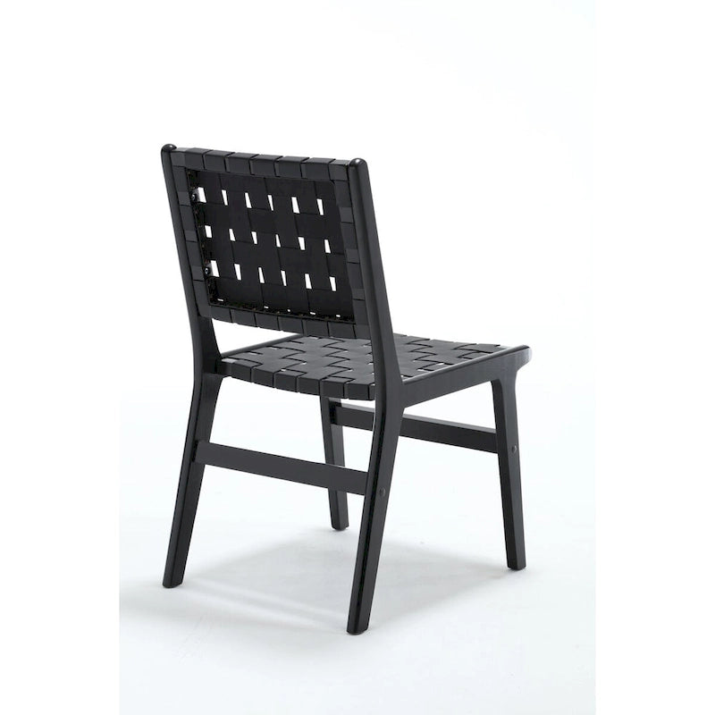 Chaise de salle à manger en cuir tressé avec cadre en bois massif, noir et marron