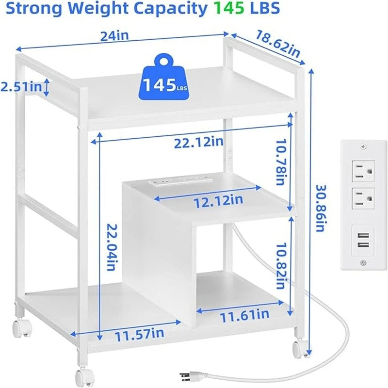 Support d'imprimante roulant à 3 niveaux avec station de charge, ports USB et roulettes, blanc