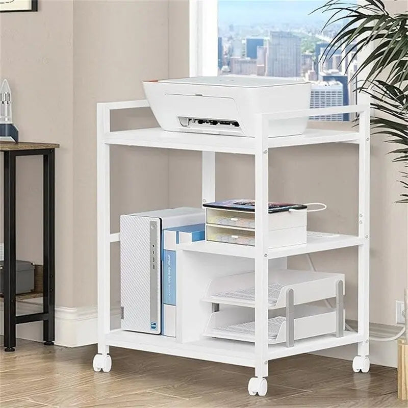 Support d'imprimante roulant à 3 niveaux avec station de charge, ports USB et roulettes, blanc