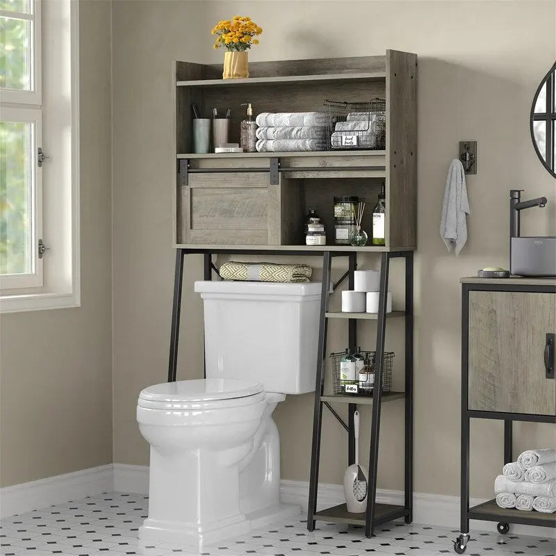 Étagère de rangement de salle de bain autoportante avec porte coulissante de style grange et porte-rouleau de papier toilette blanc