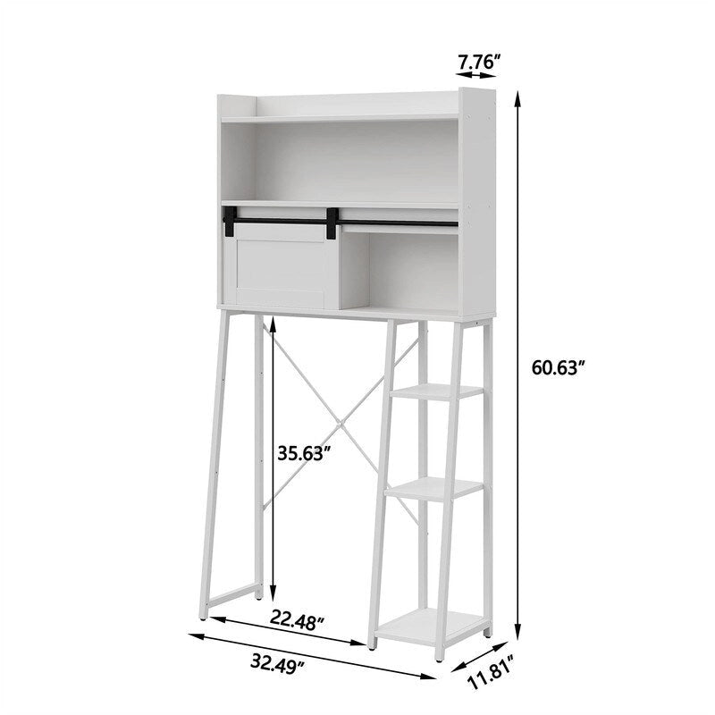 Étagère de rangement de salle de bain autoportante avec porte coulissante de style grange et porte-rouleau de papier toilette blanc