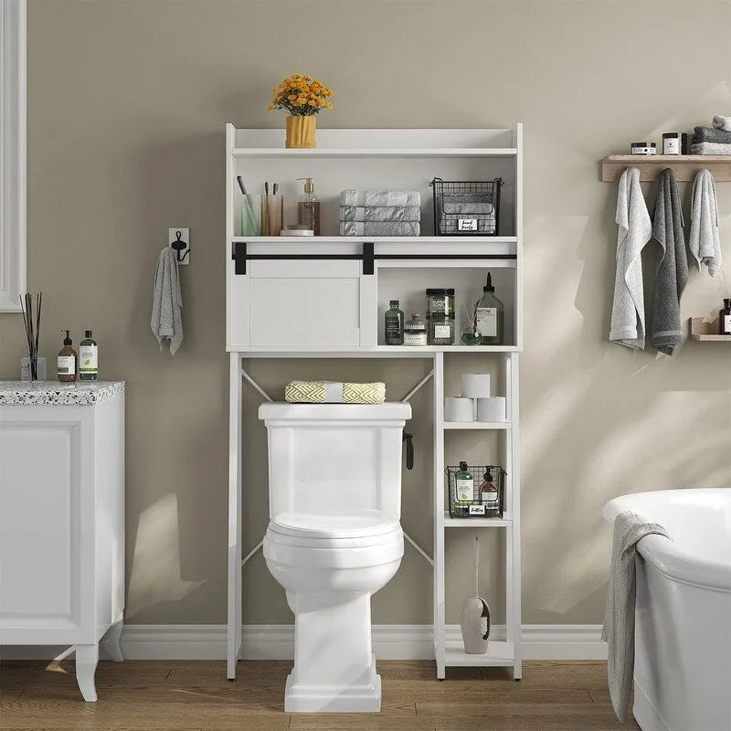Étagère de rangement de salle de bain autoportante avec porte coulissante de style grange et porte-rouleau de papier toilette blanc