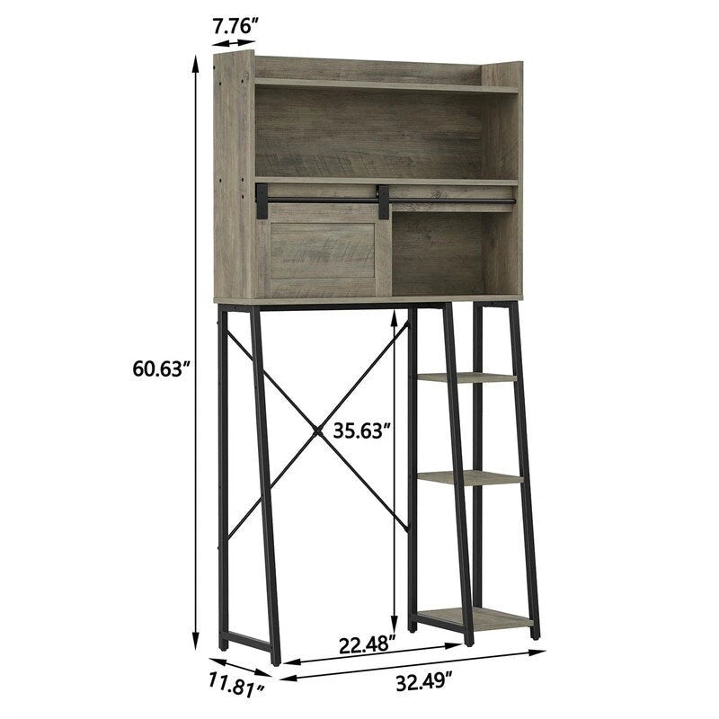 Étagère de rangement de salle de bain autoportante avec porte coulissante de style grange et porte-rouleau de papier toilette blanc