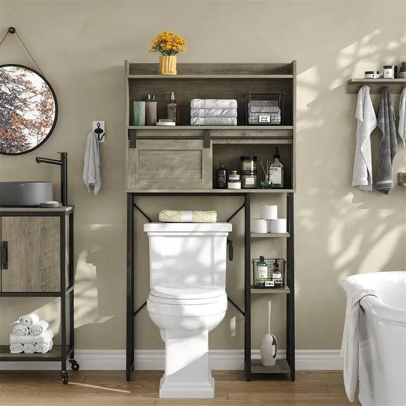 Étagère de rangement de salle de bain autoportante avec porte coulissante de style grange et porte-rouleau de papier toilette blanc
