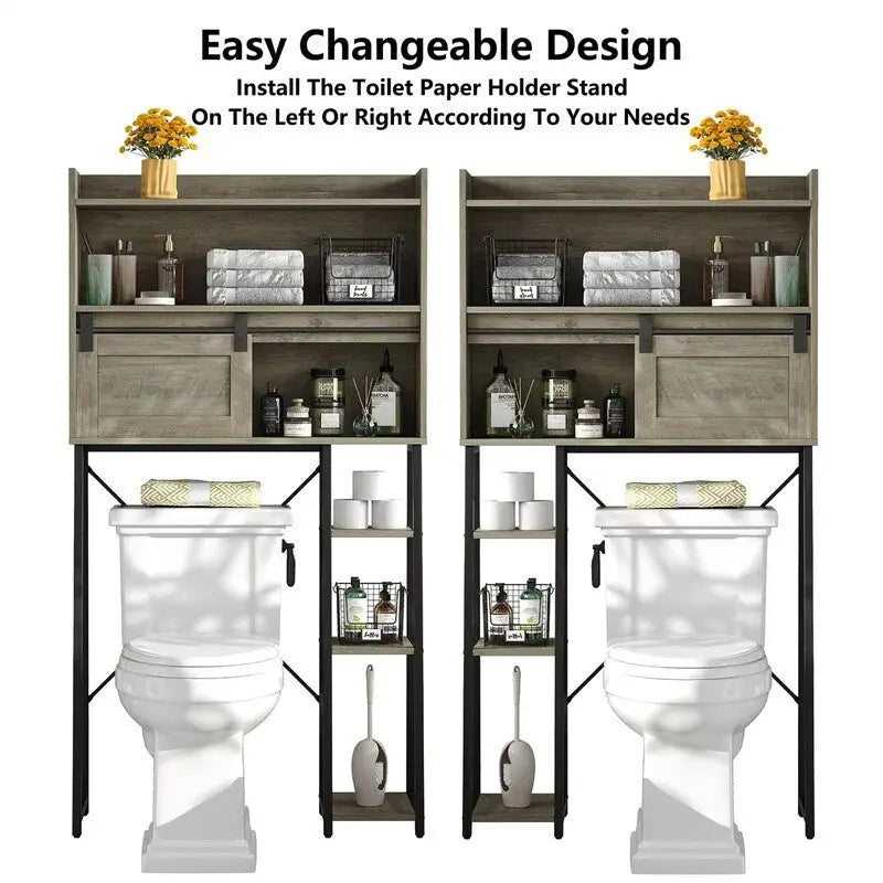 Étagère de rangement de salle de bain autoportante avec porte coulissante de style grange et porte-rouleau de papier toilette blanc
