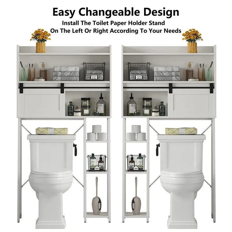 Étagère de rangement de salle de bain autoportante avec porte coulissante de style grange et porte-rouleau de papier toilette blanc