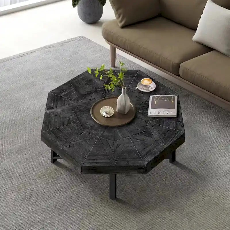 Table Basse Octogonale Vintage en Bois Massif avec Piètement Métallique