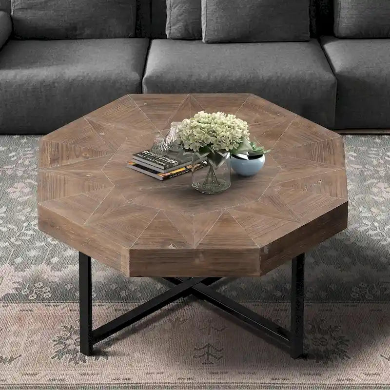 Table Basse Octogonale Vintage en Bois Massif avec Piètement Métallique