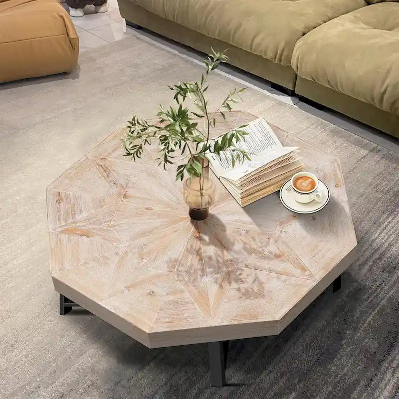 Table Basse Octogonale Vintage en Bois Massif avec Piètement Métallique