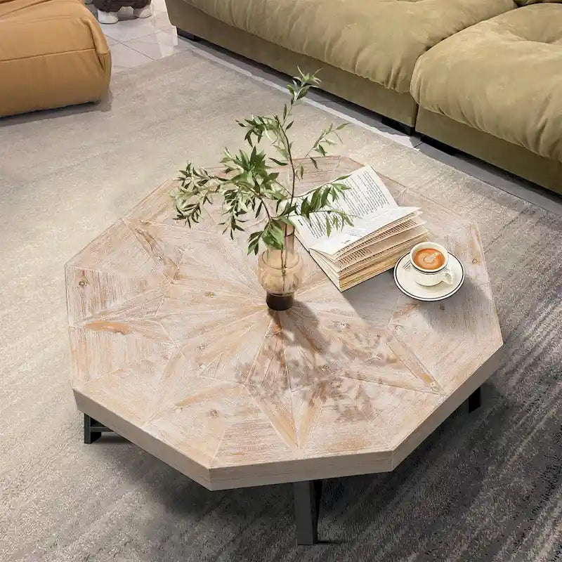 Table Basse Octogonale Vintage en Bois Massif avec Piètement Métallique