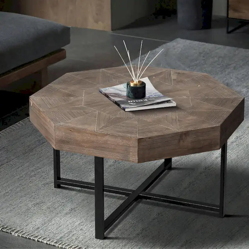 Table Basse Octogonale Vintage en Bois Massif avec Piètement Métallique