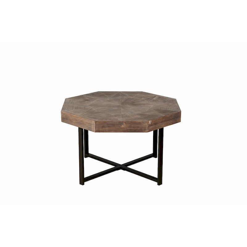 Table Basse Octogonale Vintage en Bois Massif avec Piètement Métallique