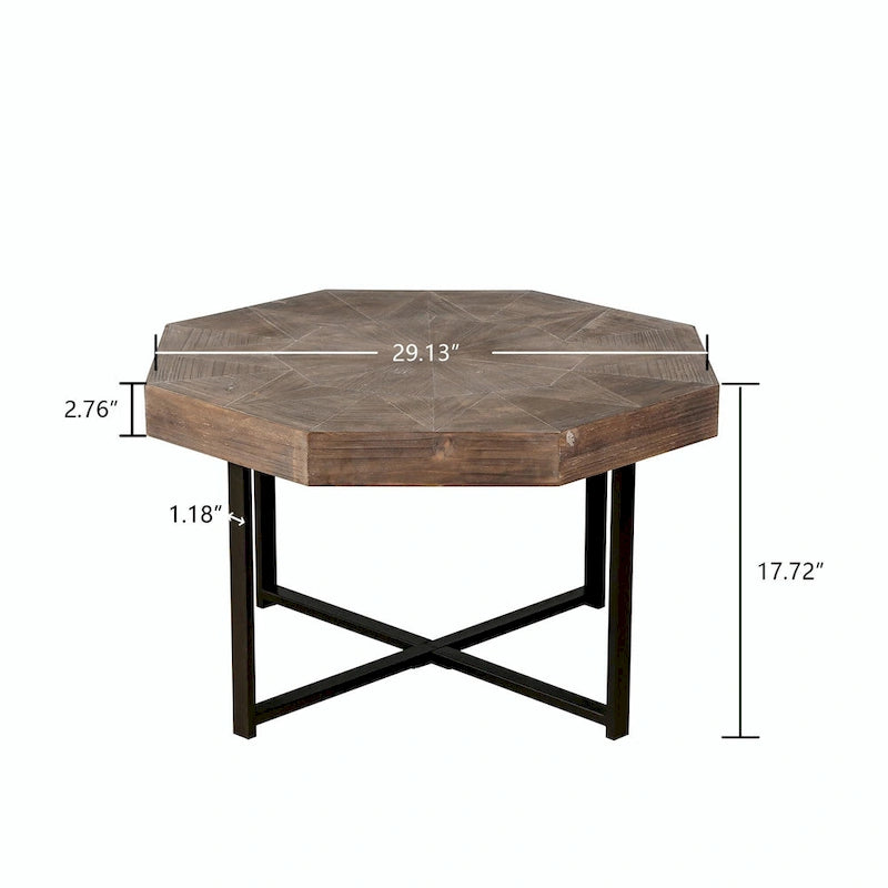 Table Basse Octogonale Vintage en Bois Massif avec Piètement Métallique