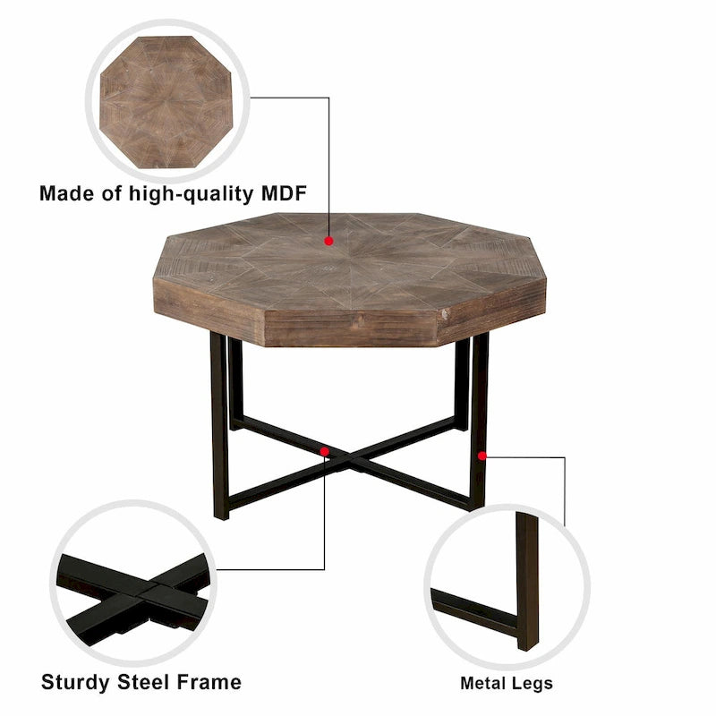 Table Basse Octogonale Vintage en Bois Massif avec Piètement Métallique