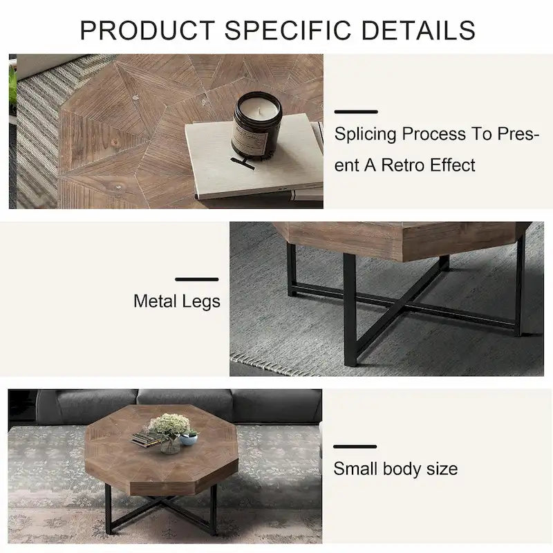 Table Basse Octogonale Vintage en Bois Massif avec Piètement Métallique
