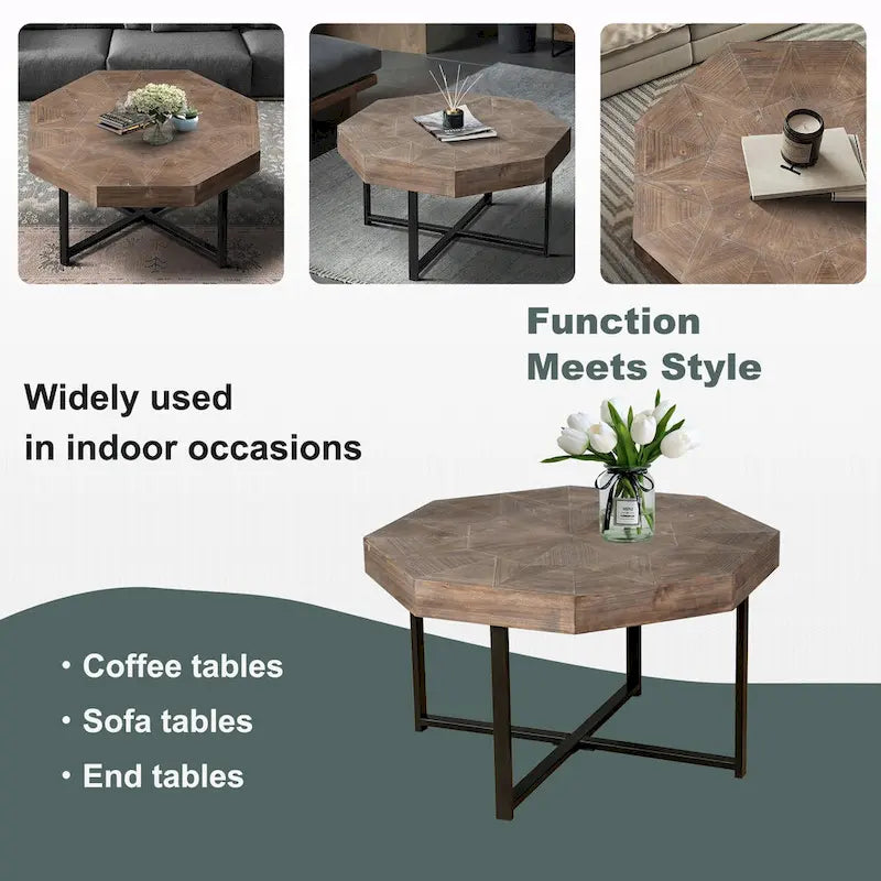 Table Basse Octogonale Vintage en Bois Massif avec Piètement Métallique