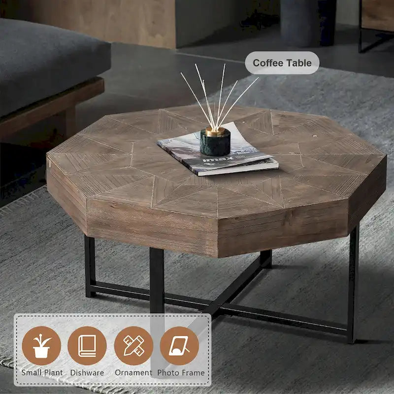 Table Basse Octogonale Vintage en Bois Massif avec Piètement Métallique
