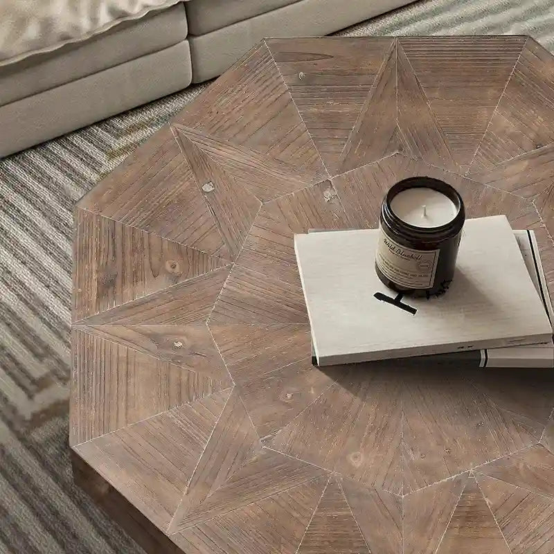 Table Basse Octogonale Vintage en Bois Massif avec Piètement Métallique