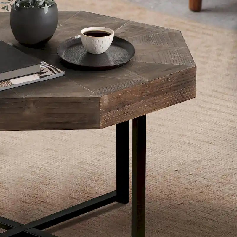 Table Basse Octogonale Vintage en Bois Massif avec Piètement Métallique