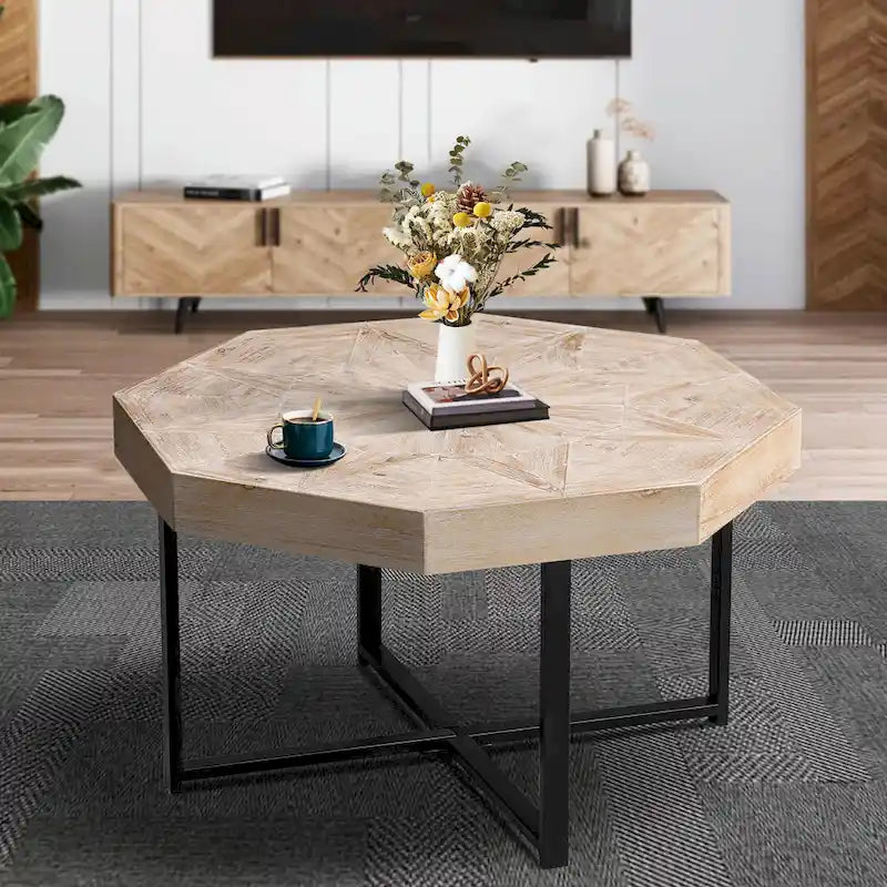 Table Basse Octogonale Vintage en Bois Massif avec Piètement Métallique