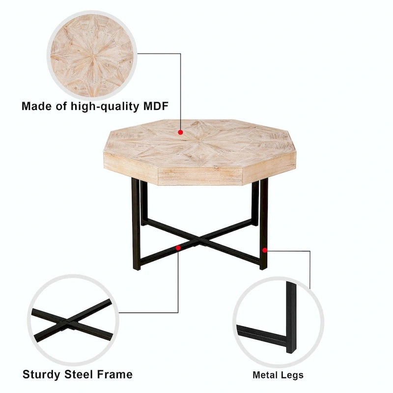 Table Basse Octogonale Vintage en Bois Massif avec Piètement Métallique