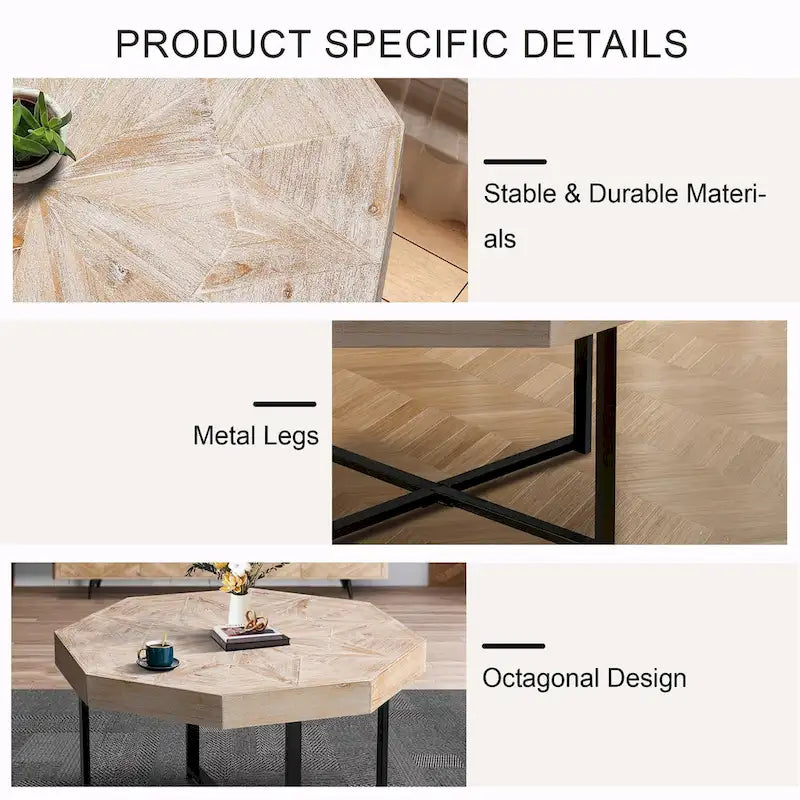 Table Basse Octogonale Vintage en Bois Massif avec Piètement Métallique