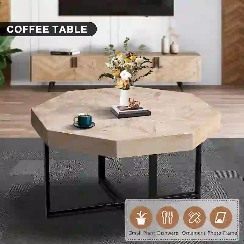 Table Basse Octogonale Vintage en Bois Massif avec Piètement Métallique