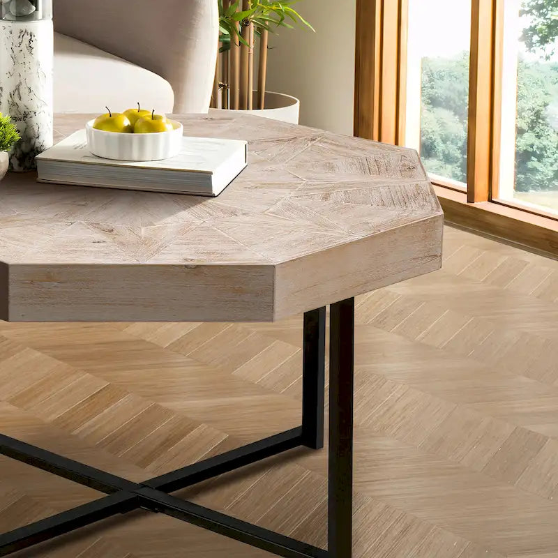 Table Basse Octogonale Vintage en Bois Massif avec Piètement Métallique