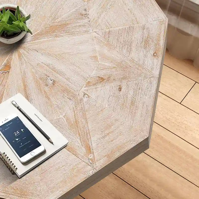 Table Basse Octogonale Vintage en Bois Massif avec Piètement Métallique
