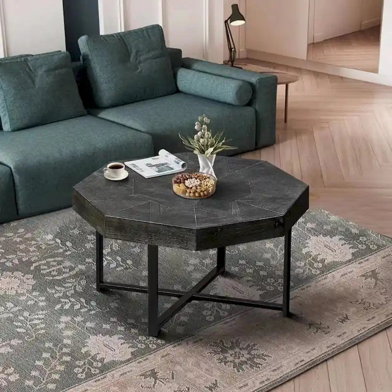 Table Basse Octogonale Vintage en Bois Massif avec Piètement Métallique