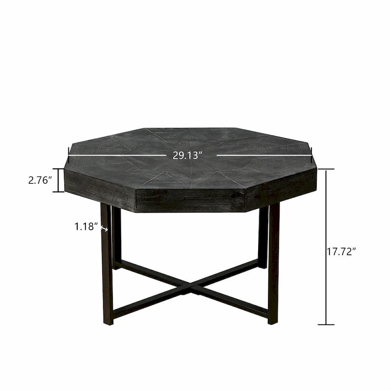 Table Basse Octogonale Vintage en Bois Massif avec Piètement Métallique