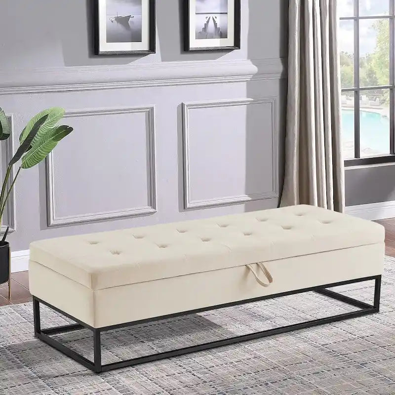 Banc de rangement en velours touffeté avec assise relevable et base en métal