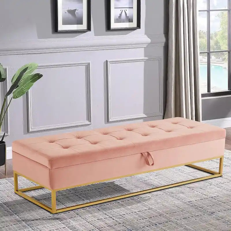 Banc de rangement en velours touffeté avec assise relevable et base en métal