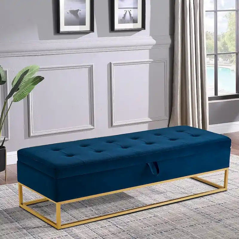 Banc de rangement en velours touffeté avec assise relevable et base en métal