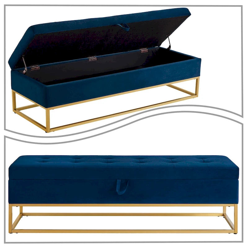 Banc de rangement en velours touffeté avec assise relevable et base en métal