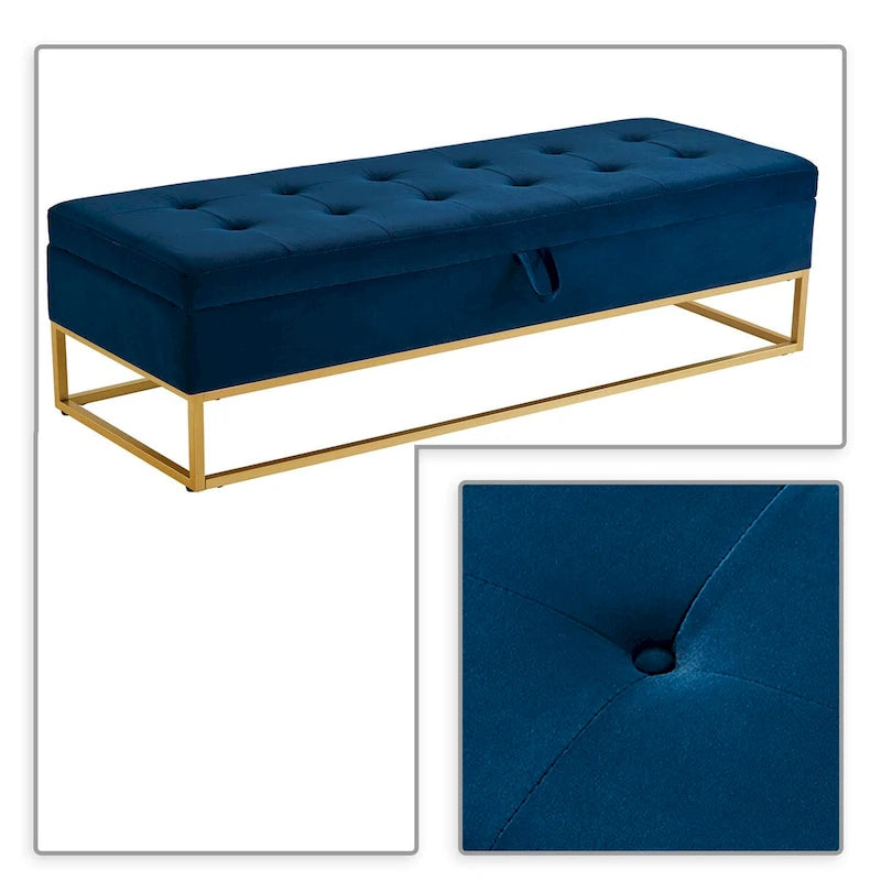 Banc de rangement en velours touffeté avec assise relevable et base en métal